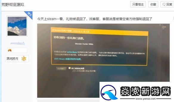 玩家淘宝买怪猎荒野遭退款