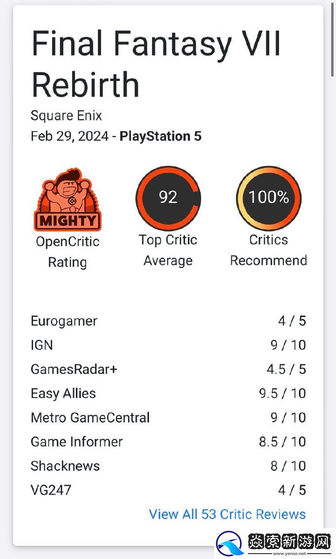 最终幻想7重生媒体评分解禁